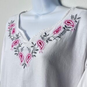 Anthony Richards Womens White Long Sleeve V Neck Embroidered Paisley Top XL